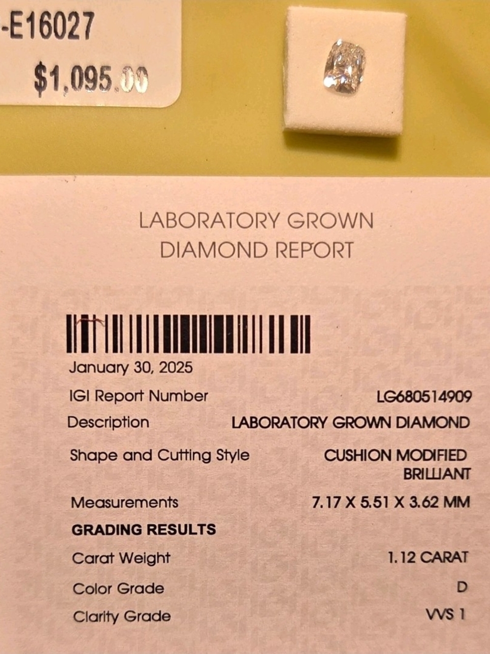 Cushion Modified Brilliant Laboratory Grown Diamond - D Color
